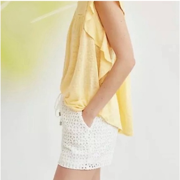 Anthropologie Elevenses Crochet White Short with Elastic Waist & Tie-strings. Md - Picture 1 of 12